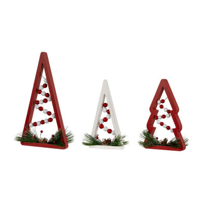 Northlight 3-pc. 11.75" Red And White Beaded Trees Wooden Christmas Tabletop Decor