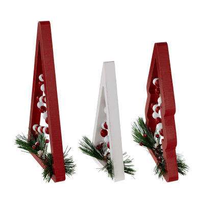 Northlight 3-pc. 11.75" Red And White Beaded Trees Wooden Christmas Tabletop Decor