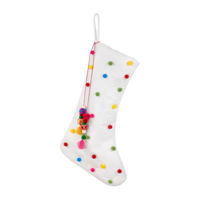 Northlight 20" White Multicolor Pom-Poms And Tassels Christmas Stocking