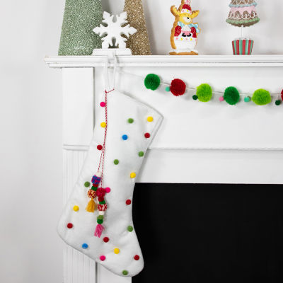 Northlight 20" White Multicolor Pom-Poms And Tassels Christmas Stocking