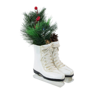 Northlight 12" Led White Skates With Floral Arrangement Christmas Tabletop Decor
