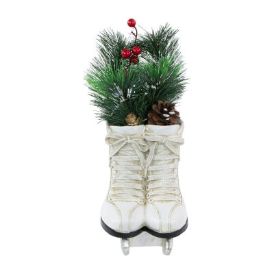 Northlight 12" Led White Skates With Floral Arrangement Christmas Tabletop Decor