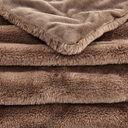 Linery Ruched Faux Fur Reversible Midweight Throw, One Size, Beige