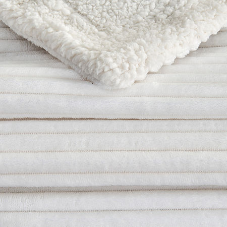 Linery Ribbed Velvet Plush Rvrsbl Sherpa Reversible Midweight Throw, One Size, White