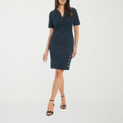 London Style Womens Short Sleeve Sheath Dress, Color: Navy Blazer