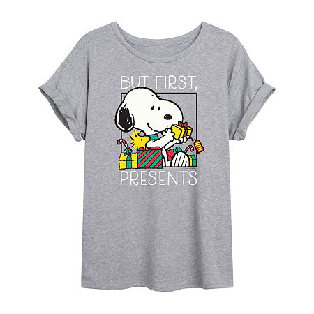 Novelty T-shirts Peanuts Snoopy But First Presents Tee Womens Crew Neck Short Sleeve Snoopy Graphic T-shirt In Gray