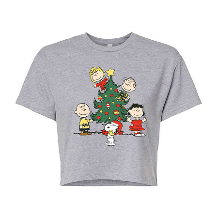 Novelty T-shirts Peanuts Tree Cropped Tee Womens Crew Neck Short Sleeve Peanuts Graphic T-shirt In Gray