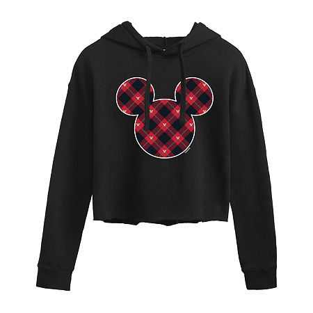 Novelty T-shirts Mickey Mouse Plaid Cropped Hoodie Womens Long Sleeve Mickey Mouse Hoodie In Black