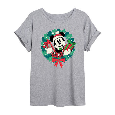 Novelty T-shirts Mickey Mouse Wreath Tee Womens Crew Neck Short Sleeve Mickey Mouse Graphic T-shirt In Gray