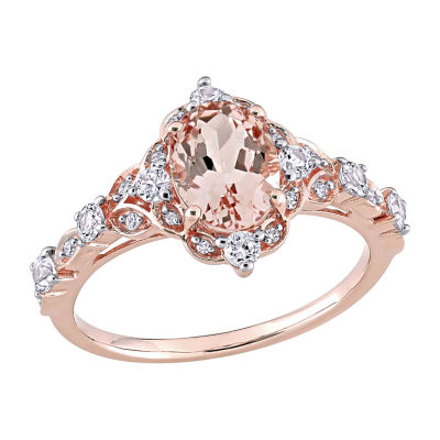 Modern Bride Gemstone Womens Diamond Accent Genuine Pink Morganite 14K Rose Gold Oval Engagement Ring