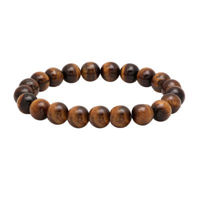 Genuine Brown Tiger's Eye Stainless Steel Beaded Bracelet