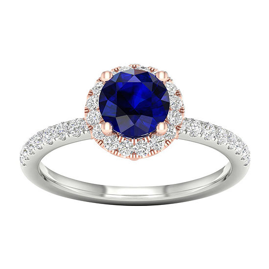 Modern Bride Gemstone Womens 1/3 CT. T.W. Genuine Blue Sapphire 10K Rose Gold Round Side Stone Halo Engagement Ring