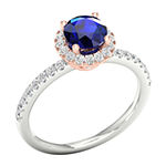 Modern Bride Gemstone Womens 1/3 CT. T.W. Genuine Blue Sapphire 10K Rose Gold Round Side Stone Halo Engagement Ring
