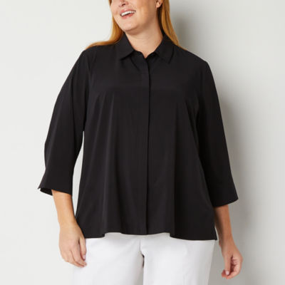 Liz Claiborne Plus Womens 3/4 Sleeve Regular Fit Button-Down Shirt