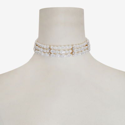 Bijoux Bar Gold Tone Womens Glass Simulated Pearl Choker Necklaces