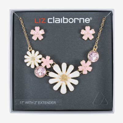 Liz Claiborne Frontal Collar Necklace & Stud Earring Gold Tone Womens Glass Flower Hypoallergenic 2-pc. Jewelry Set