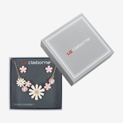 Liz Claiborne Frontal Collar Necklace & Stud Earring Gold Tone Womens Glass Flower Hypoallergenic 2-pc. Jewelry Set