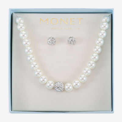 Monet Jewelry Gold Tone White Glass Simulated Pearl Gold Tone Round 2-pc. Jewelry Set
