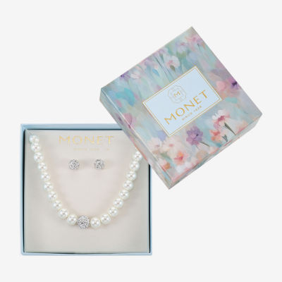 Monet Jewelry Gold Tone White Glass Simulated Pearl Gold Tone Round 2-pc. Jewelry Set