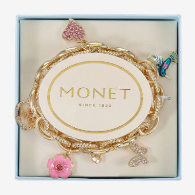 Monet Jewelry Gold Tone Mom Womens Multi Color Glass Gold Tone Butterfly Flower Heart Charm Bracelet