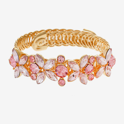 Monet Jewelry Gold Tone Pink Glass Gold Tone Flower Bangle Bracelet