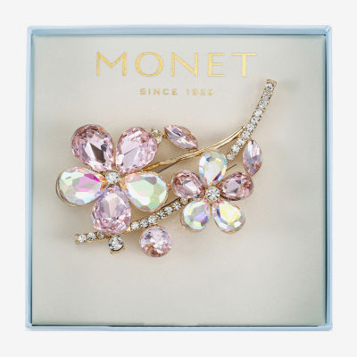 Monet Jewelry Gold Tone Pink Glass Flower Brooch