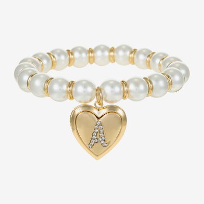 Monet Jewelry Gold Tone Initial Womens Glass Simulated Pearl Heart Stretch Bracelet