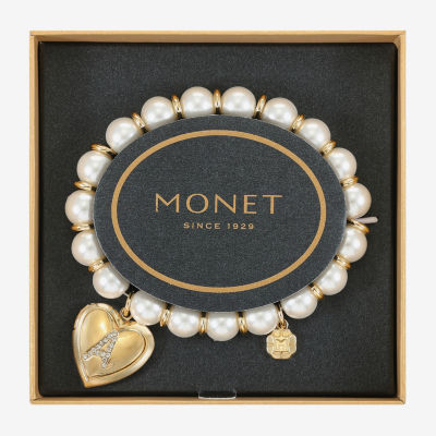 Monet Jewelry Gold Tone Initial Womens Glass Simulated Pearl Heart Stretch Bracelet