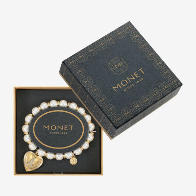 Monet Jewelry Gold Tone Initial Womens Glass Simulated Pearl Heart Stretch Bracelet