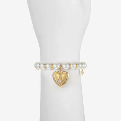 Monet Jewelry Gold Tone Initial Womens Glass Simulated Pearl Heart Stretch Bracelet