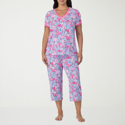 Cuddl Duds Womens Plus V-Neck Short Sleeve 2-pc. Pajama Sets