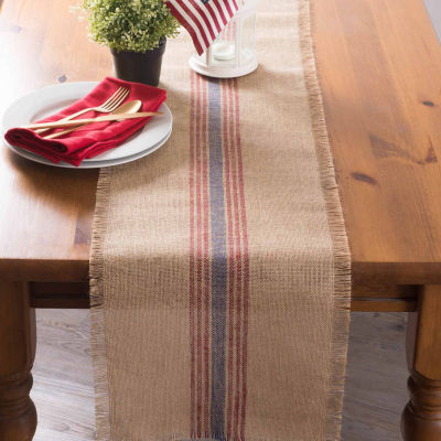Design Imports French Blue / Barn Red Middle Stripe Burlap Table Runner