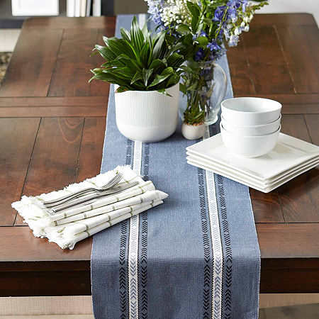 Design Imports French Blue Dobby Striped Fringe Ribbed Table Runners, One Size, Blue