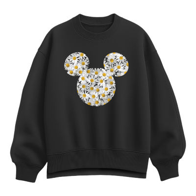 Mickey Head Daisies Womens Crew Neck Long Sleeve Mickey Mouse Pullover Sweater