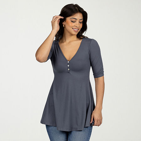 24seven Comfort Apparel Womens V Neck Elbow Sleeve Tunic Top, Small, Gray