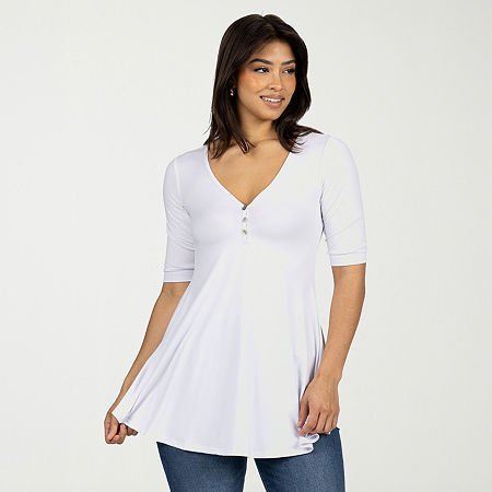 24seven Comfort Apparel Womens V Neck Elbow Sleeve Tunic Top, Small, White
