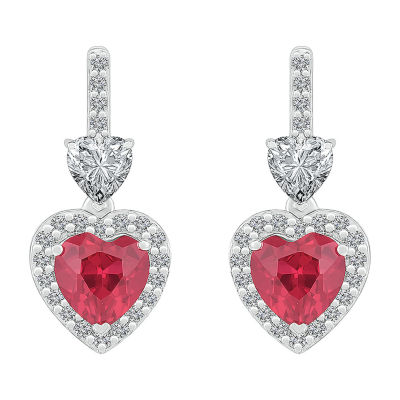 Lab Created Red Ruby Sterling Silver Heart Drop Earrings