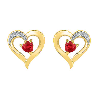 Diamond Accent Lab Created Red Ruby 10K Gold 13.5mm Heart Stud Earrings