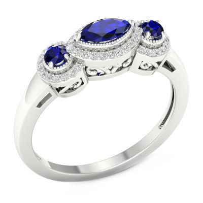 Womens 1/8 CT. T.W. Genuine Blue Sapphire 10K Gold Halo 3-Stone Cocktail Ring