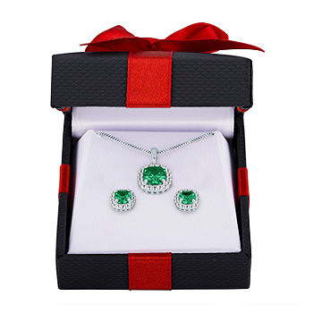 Cushion Cut Emerald Necklace, Earrings, Ring 3 piece Jewelry Set