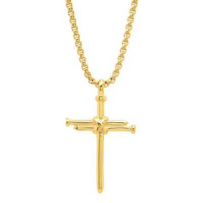 Steeltime Mens 18K Gold Over Stainless Steel Cross 24 Inch Pendant Necklace