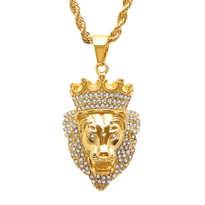 Steeltime Mens 1/2 CT. T.W. Simulated White Cubic Zirconia 18K Gold Over Stainless Steel Crown Pendant Necklace