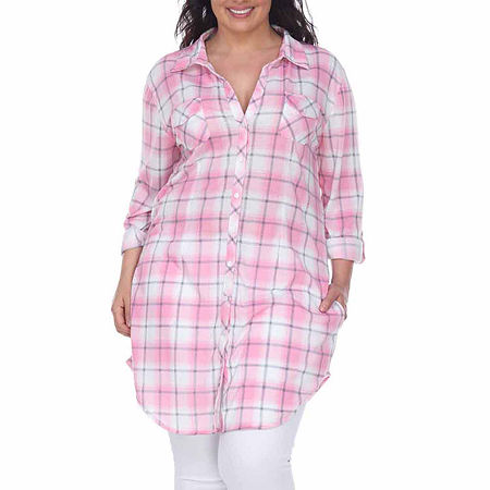 White Mark Plus Piper Plaid Womens Long Sleeve Tunic Top, 3x, Pink