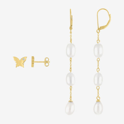 Diamond Addiction (G-H / Si2-I1) Diamond Accent Lab Grown White Diamond Cultured Freshwater Pearl 14K Gold Over Silver Butterfly 2 Pair Earring Set