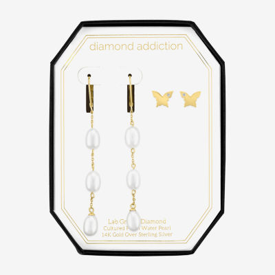 Diamond Addiction (G-H / Si2-I1) Diamond Accent Lab Grown White Diamond Cultured Freshwater Pearl 14K Gold Over Silver Butterfly 2 Pair Earring Set