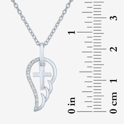 Diamond Accent Womens Diamond Accent Mined White Diamond Sterling Silver Angel Cross Wing Pendant Necklace
