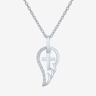Diamond Accent Womens Diamond Accent Natural White Diamond Sterling Silver Angel Cross Wing 18 Inch Pendant Necklace