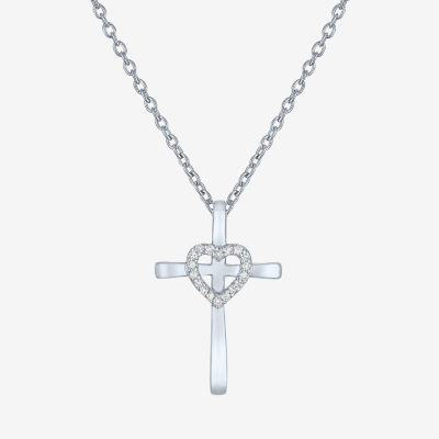 Faith" Womens Accent Natural Diamond Sterling SIlver Cross Pendant Necklace"