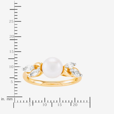 Certified Sofia Cultured Freshwater Pearl and Lab Created White Sapphire in 10K Gold Cocktail Ring