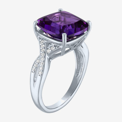 Womens Lab Created Purple Amethyst Sterling Silver Cushion Halo Cocktail Ring